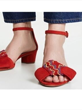 Diane Von Furstenburg Jo Lace Suede Sandals Block Low Heel Bow Red